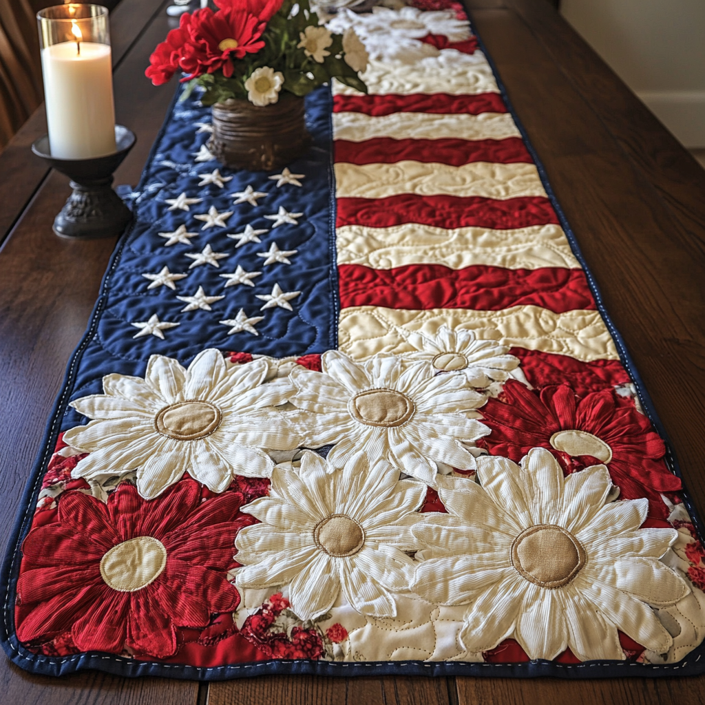 Quiltad bordslöpare med blå botten, röda och krämvita blommor samt flaggmönster