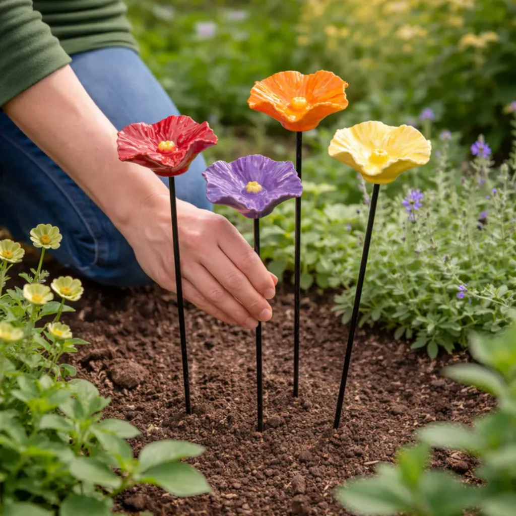 Fyra färgglada blomformade trädgårdsdekorationer på mörka stavar