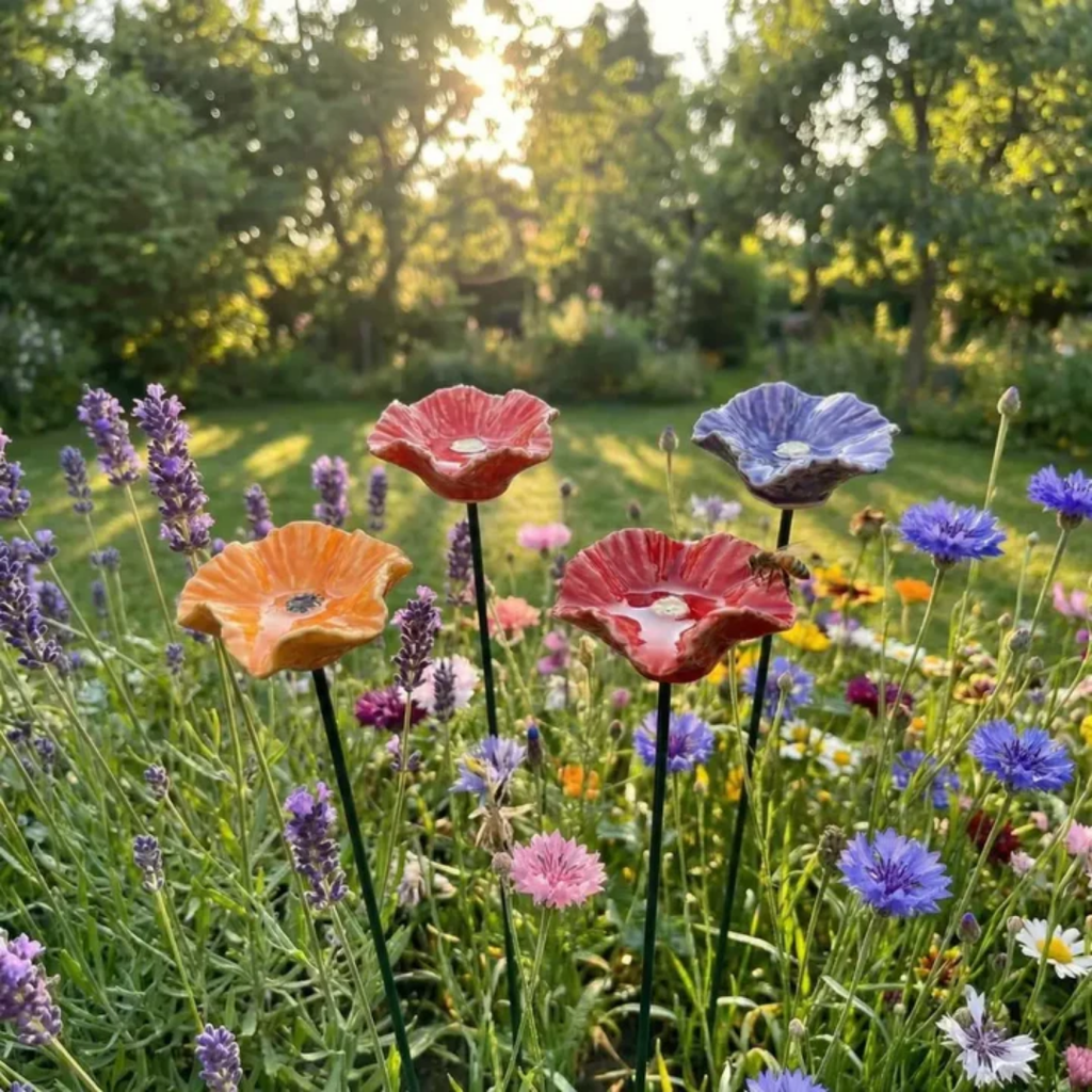 Fyra färgglada blomformade trädgårdsdekorationer på mörka stavar