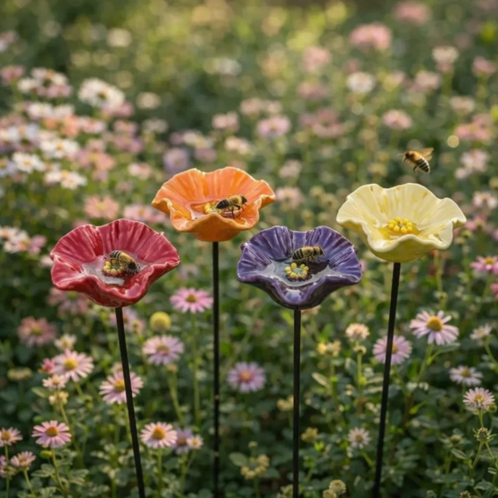 Fyra färgglada blomformade trädgårdsdekorationer på mörka stavar