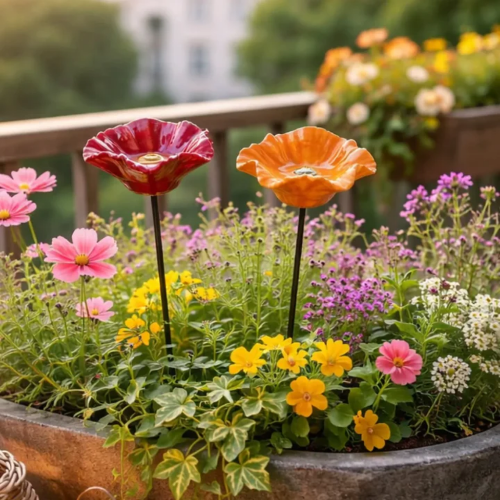 Fyra färgglada blomformade trädgårdsdekorationer på mörka stavar