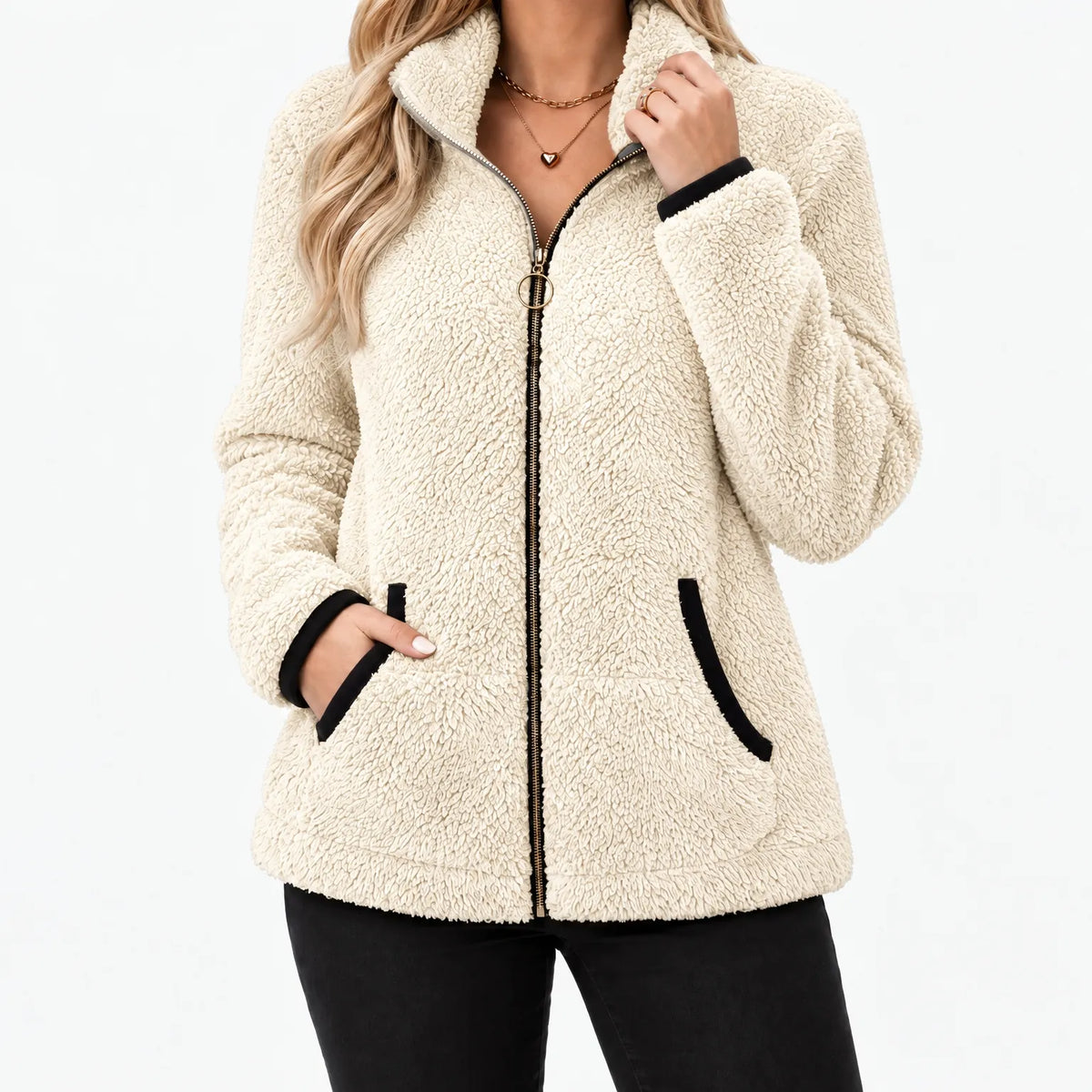 Fluffiva  - Vit Teddy Fleecejacka Med Kontrastkant Vardagsvärme Utomhus