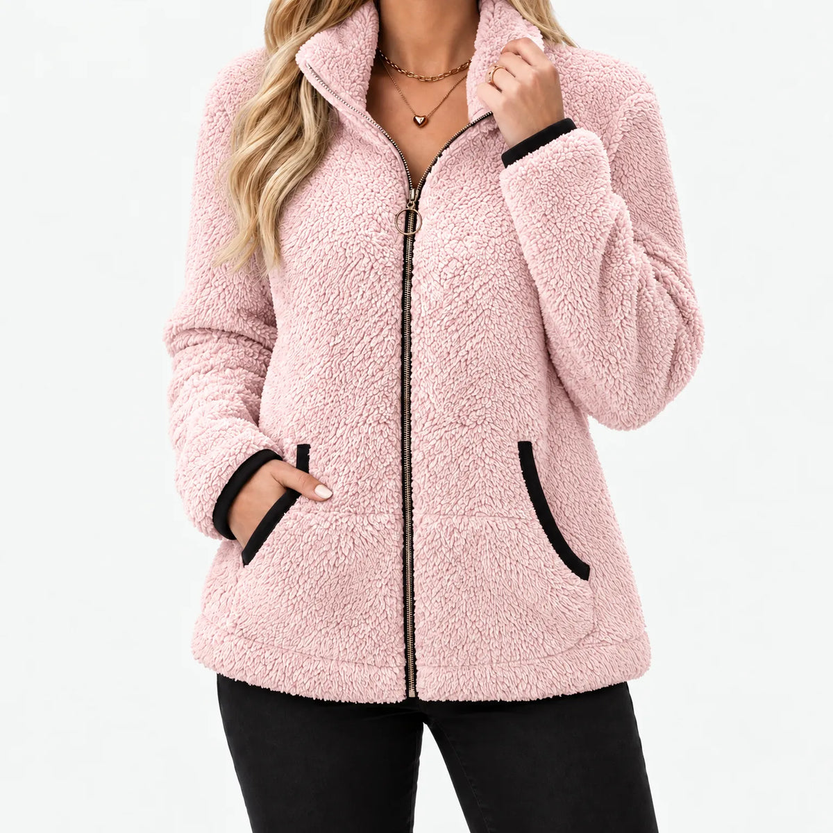 Fluffiva  - Vit Teddy Fleecejacka Med Kontrastkant Vardagsvärme Utomhus