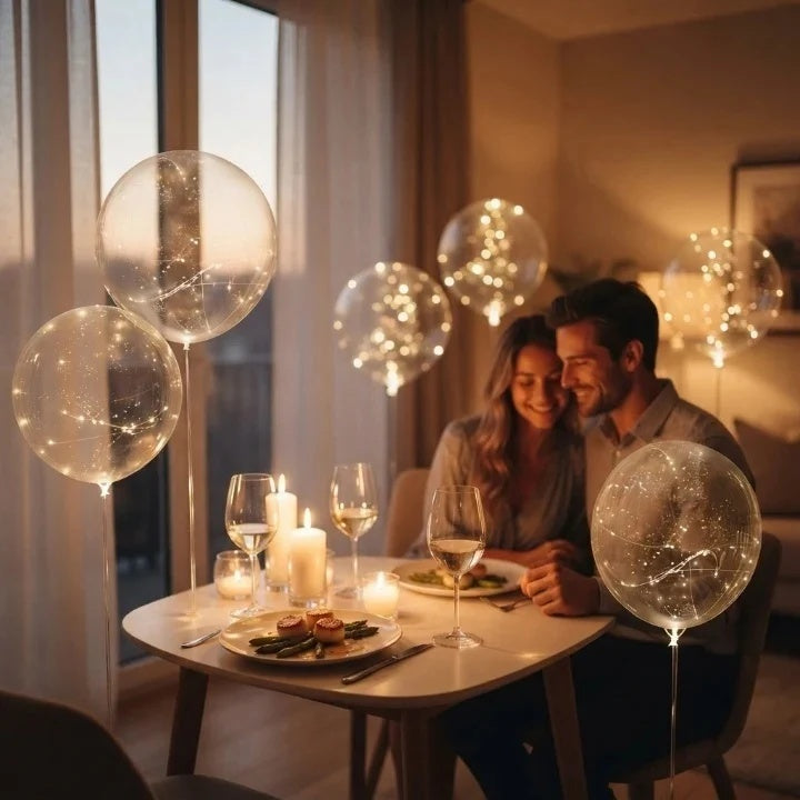Transparenta ballonger med varm ljusdekoration i set om 10
