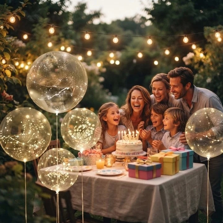 Transparenta ballonger med varm ljusdekoration i set om 10