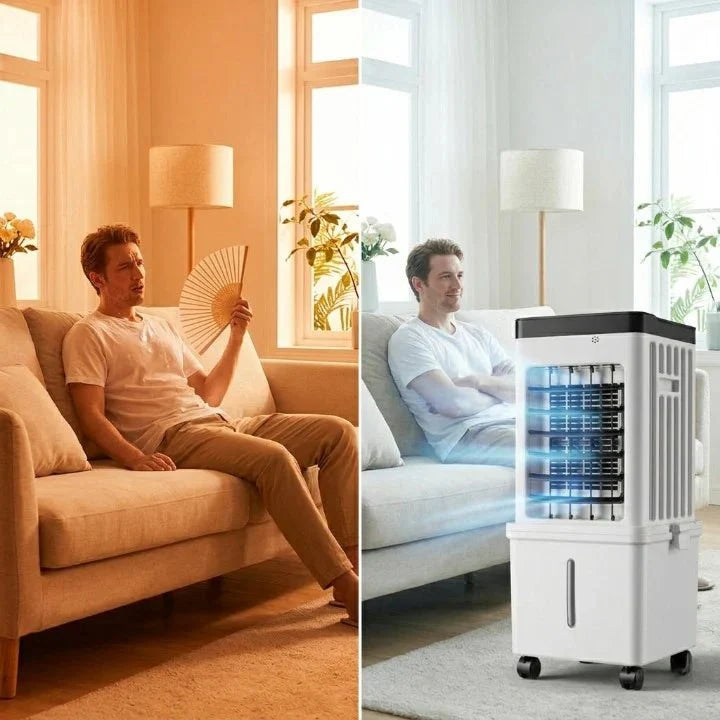 Vit 3-i-1-luftkylare med fläkt, luftfuktning och hjul