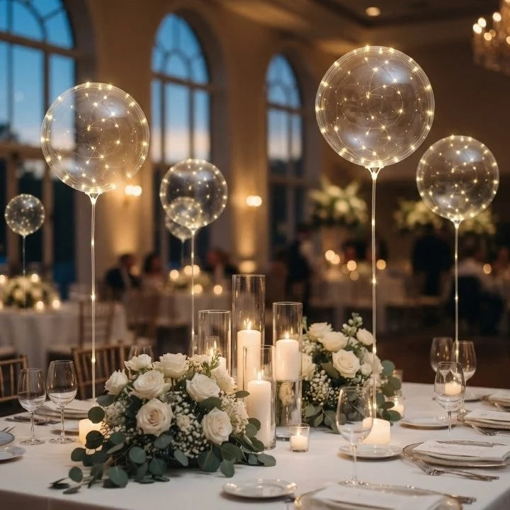 Transparenta ballonger med varm ljusdekoration i set om 10