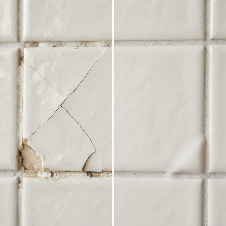 Vit reparationspasta för kakel med gul spatel och slippapper