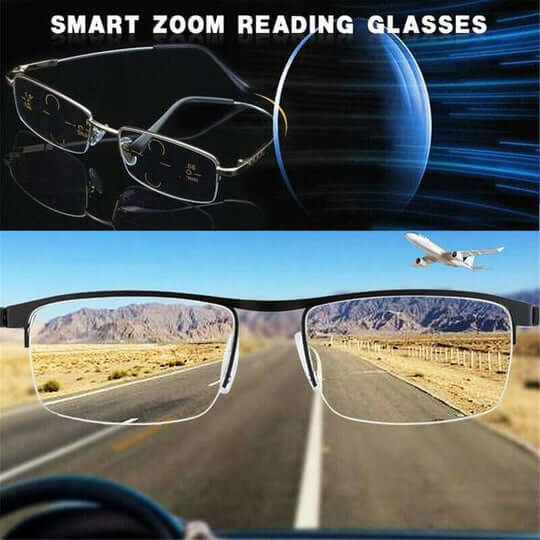 Multifokala glasögon med svart smal båge och rektangulära glas