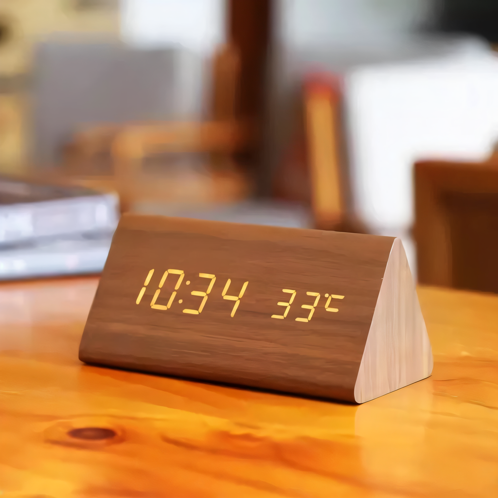 Digital väckarklocka med LED-display som visar tid och temperatur