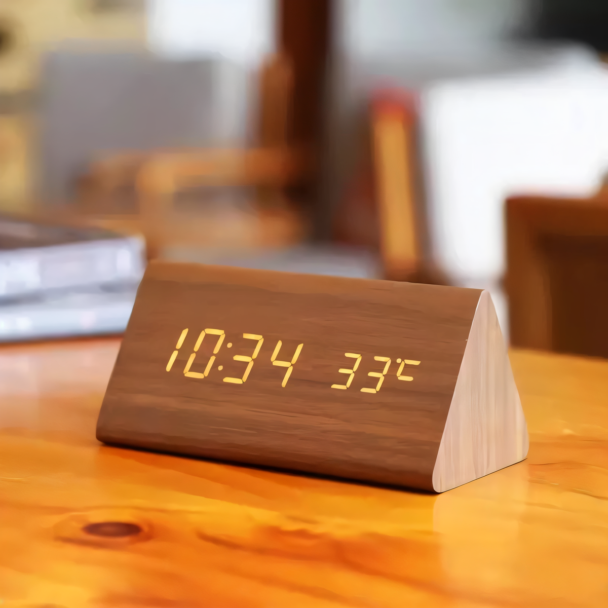 Digital väckarklocka med LED-display som visar tid och temperatur