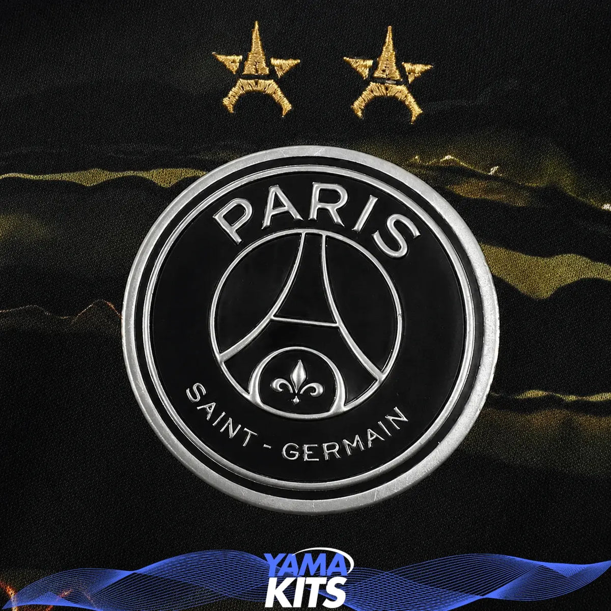Svart Paris Saint-Germain-fotbollströja med guldmönster och korta ärmar