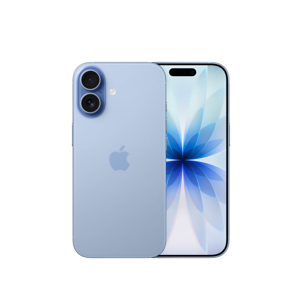 Blå iPhone 17 smartphone med skärm och dubbla bakre kameror