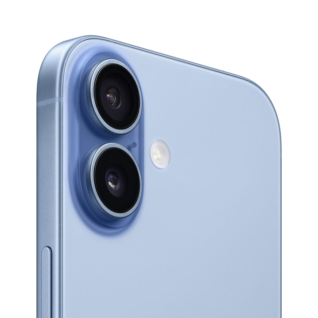 Blå iPhone 17 smartphone med skärm och dubbla bakre kameror