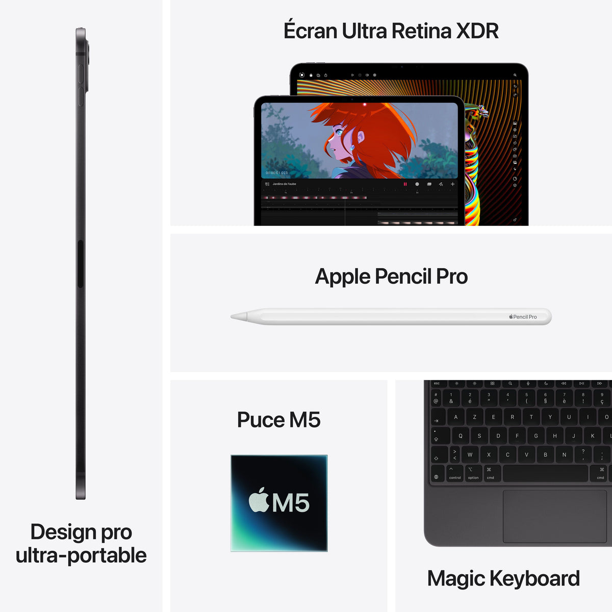 Mörkgrå iPad Pro 13 tum med färgstark skärm och kamera på baksidan
