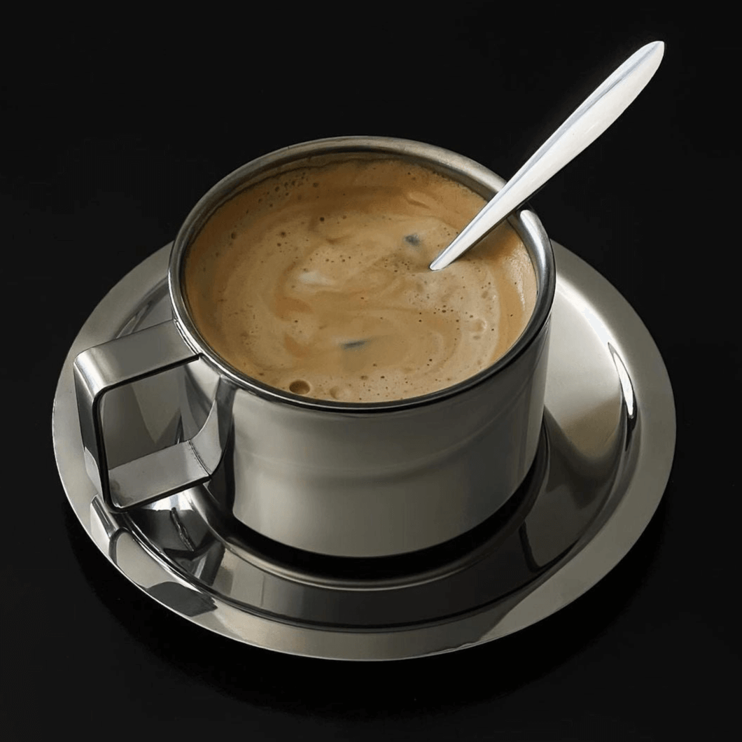 Silverfärgad lattekopp i stål med fat och sked
