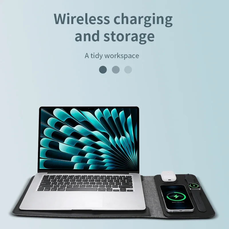 Öppet laptopfodral för 14 tum med integrerad laddare och organiserade laddningsplatser