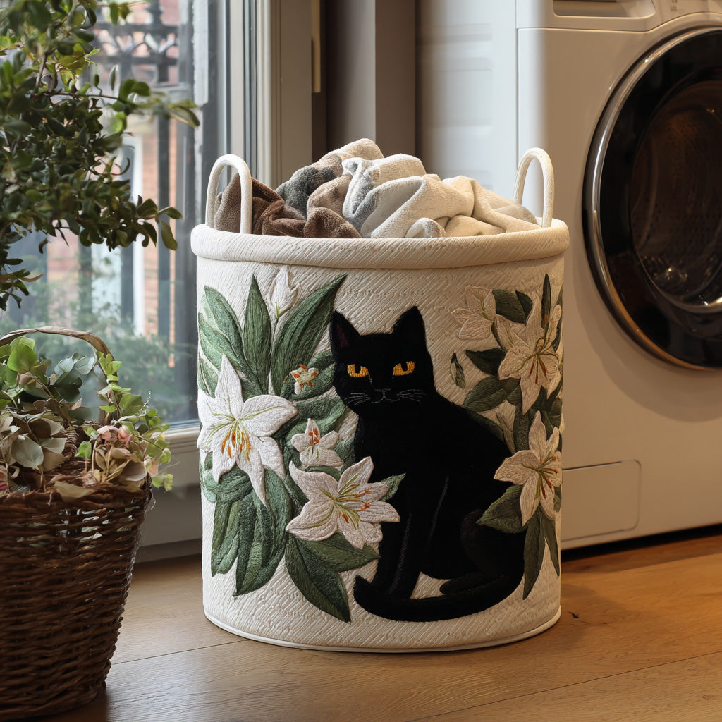Quiltad tvättkorg med kattmotiv, blommor och sidhandtag