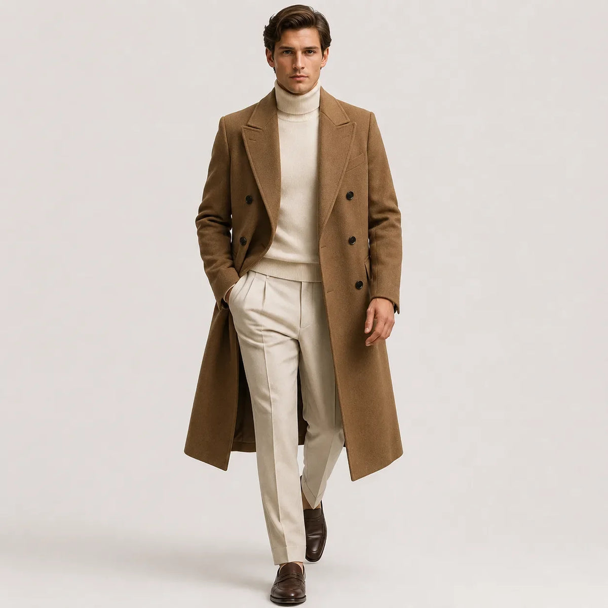 Lång trenchcoat med dubbelknäppning, slagkrage och sidofickor