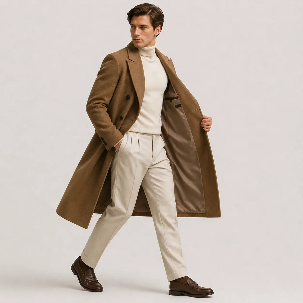 Lång trenchcoat med dubbelknäppning, slagkrage och sidofickor