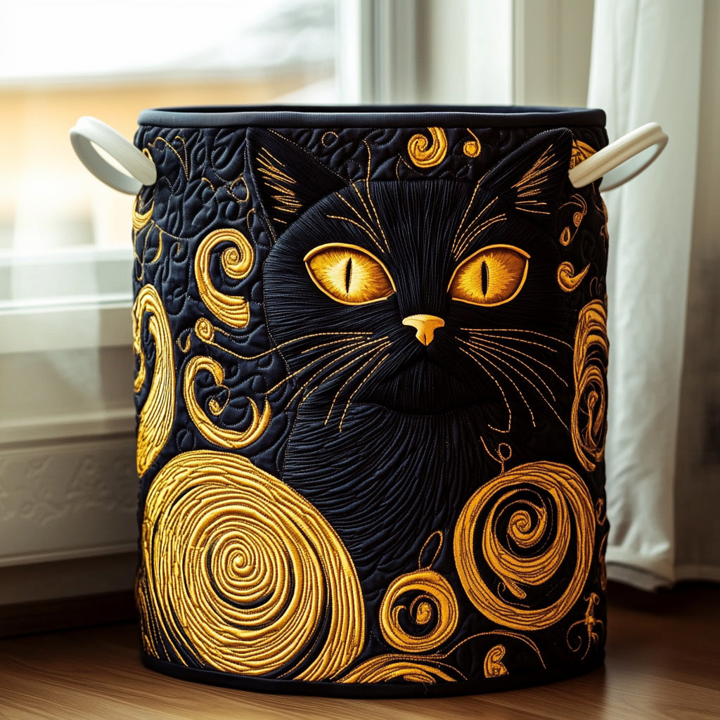Quiltad tvättkorg med kattmotiv, blommor och sidhandtag