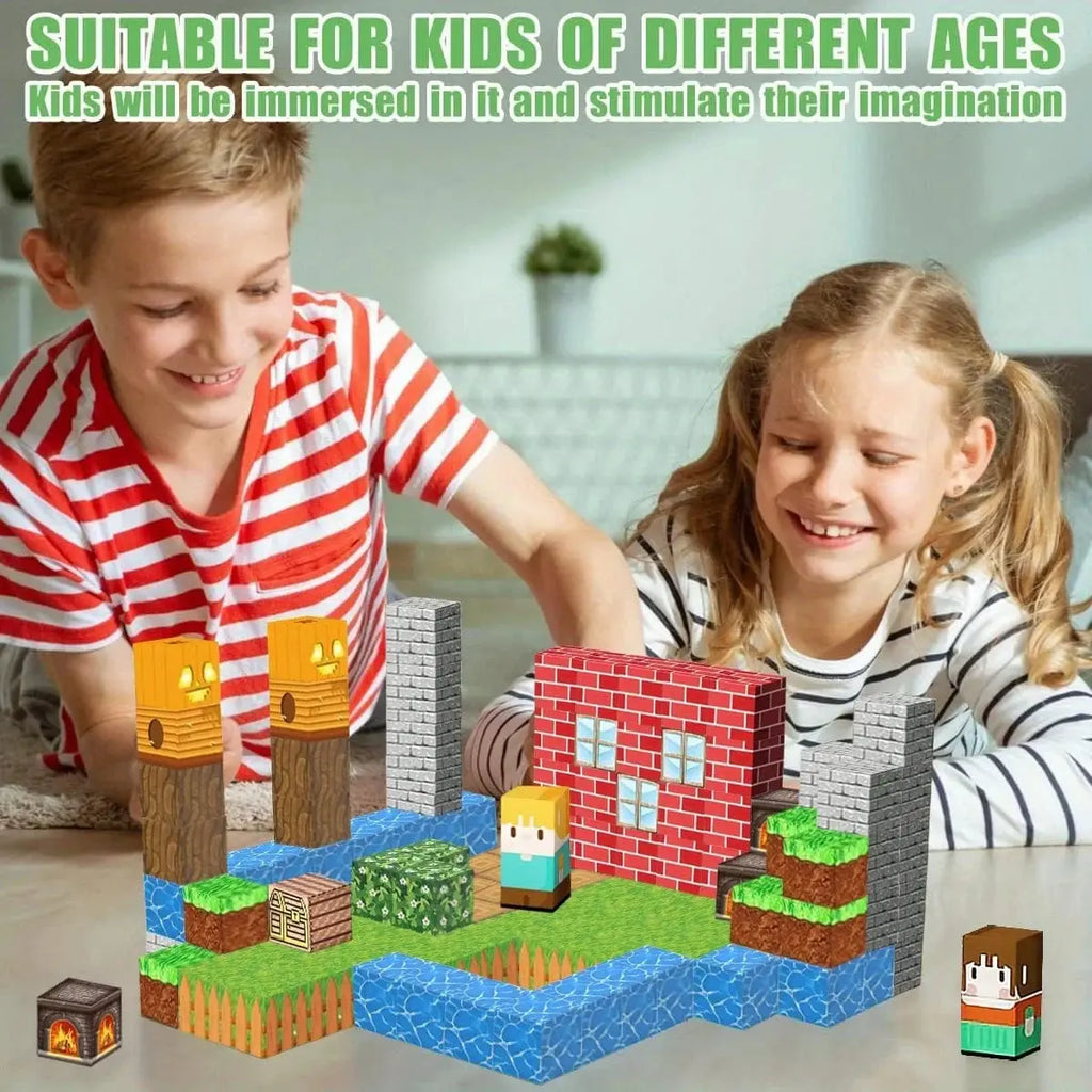Magnetiskt byggset med färgglada block, figurer, hus och landskap