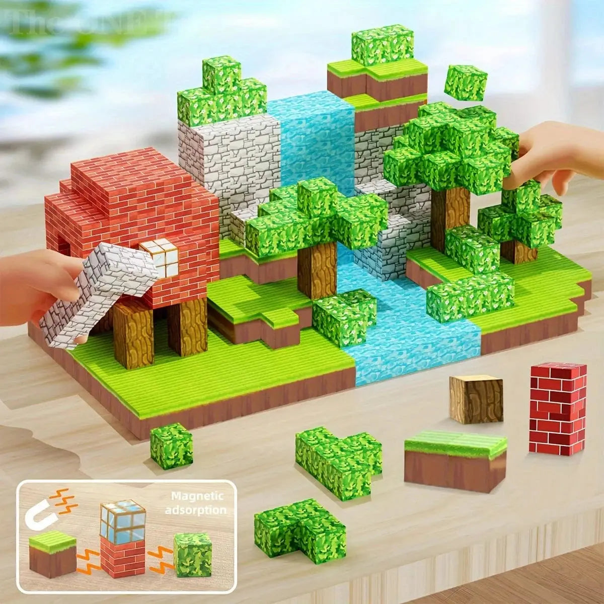 Magnetiskt byggset med färgglada block, figurer, hus och landskap