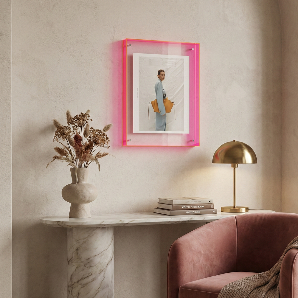 Rektangulär fotoram i akryl med färgad kant och transparent front