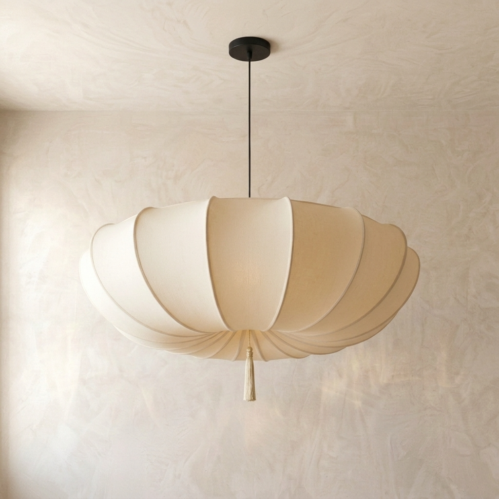 Beige veckad pendellampa med dekorativ tofs och mörkt takfäste
