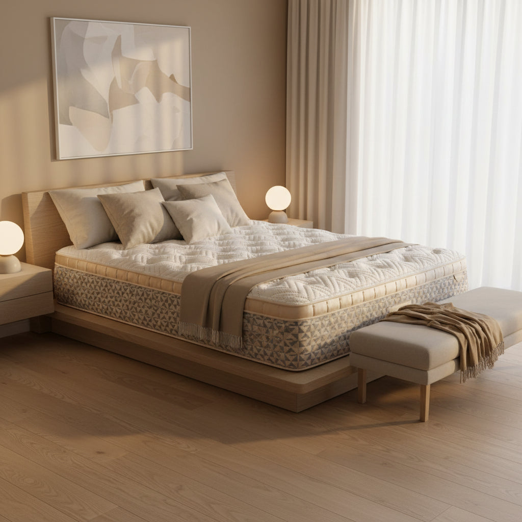 Beige madrass med quiltad ovansida och geometriskt mönstrad sidokant