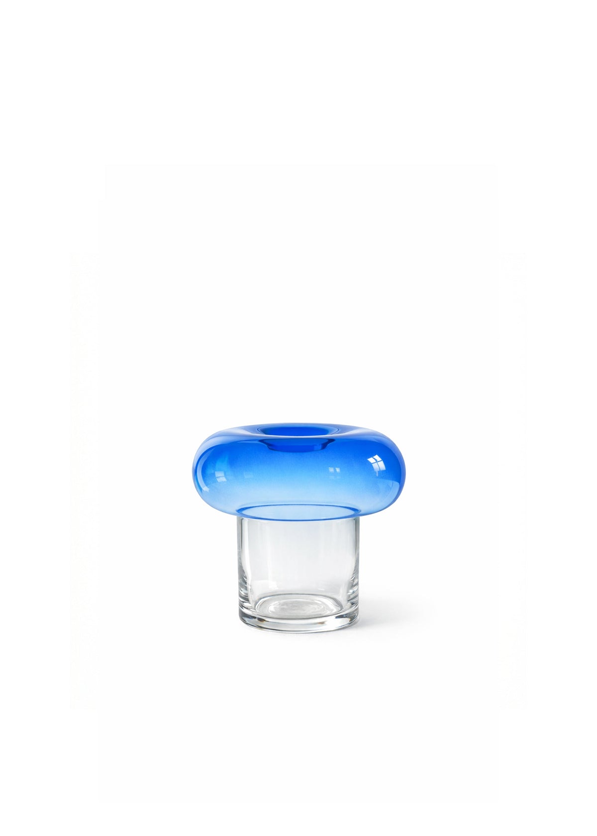 Blå glasvas med rundad överdel och transparent behållare