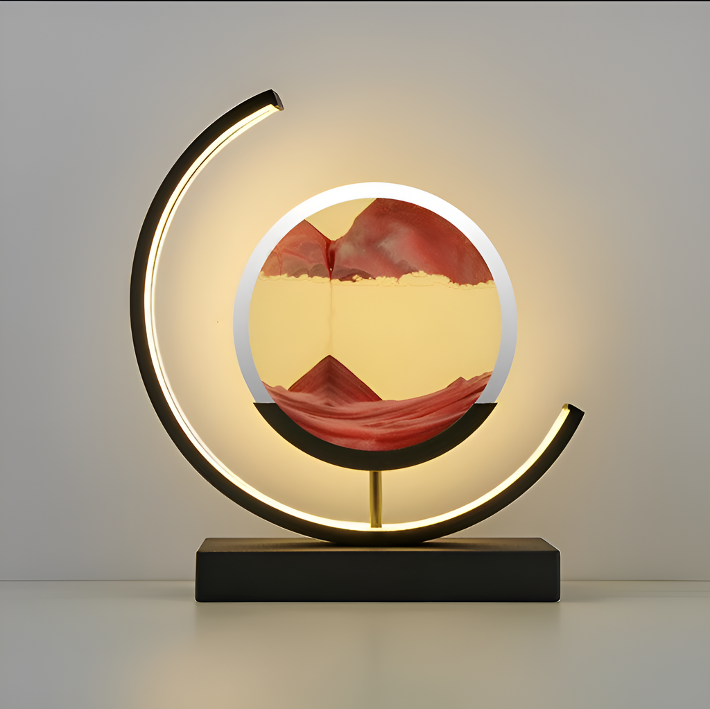 LED-bordslampa med rund sandbild, lysande bågform och rektangulär bas