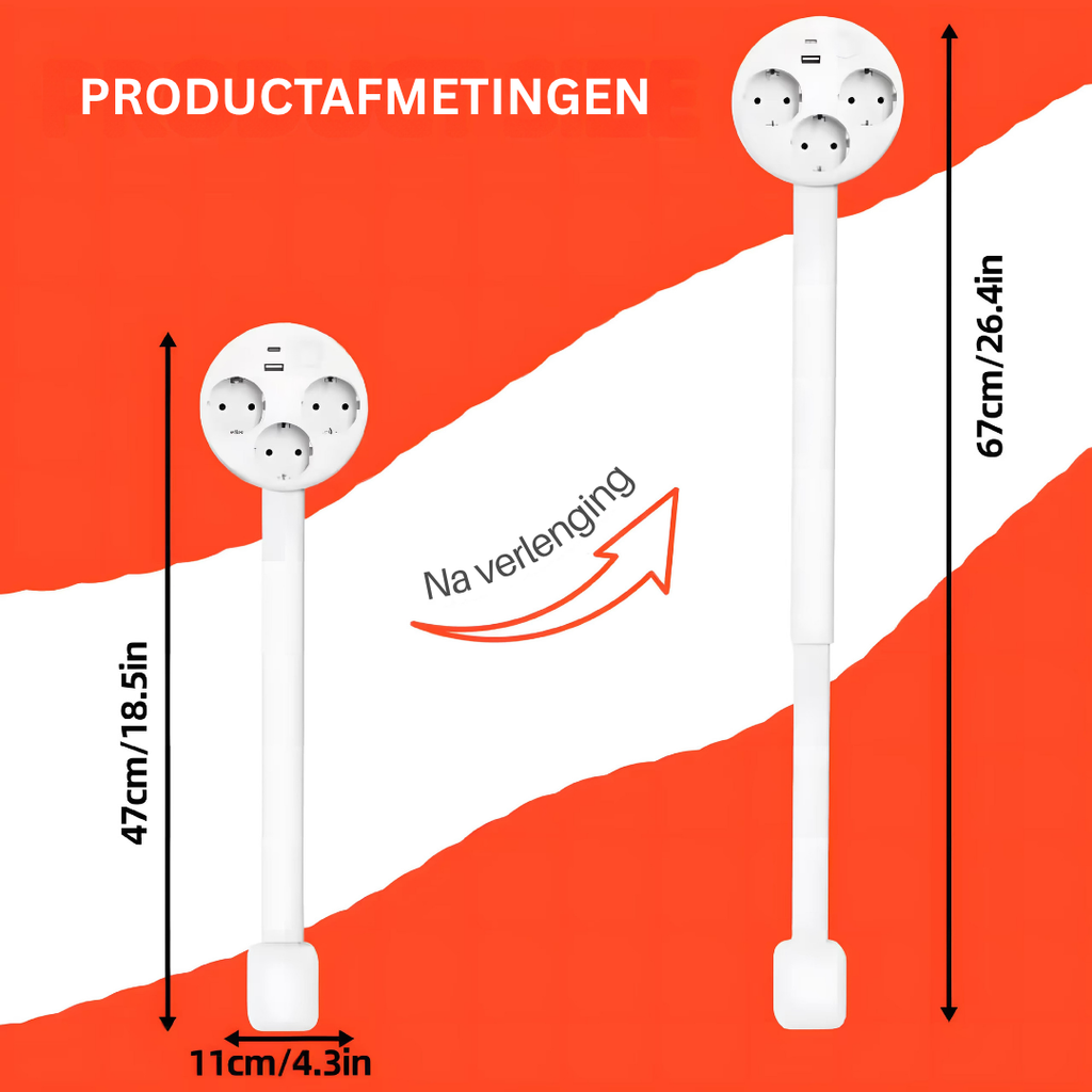 Vitt utdragbart grenuttag med tre eluttag, USB-portar och stickpropp