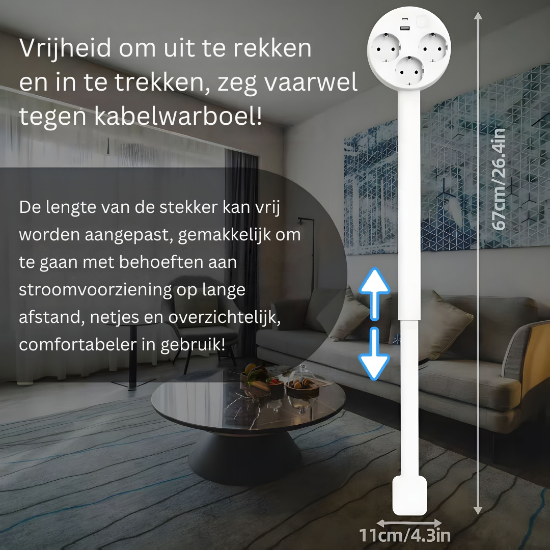 Vitt utdragbart grenuttag med tre eluttag, USB-portar och stickpropp