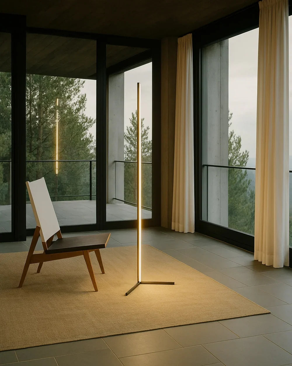 Smal svart golvlampa med linjär design i ett sovrum