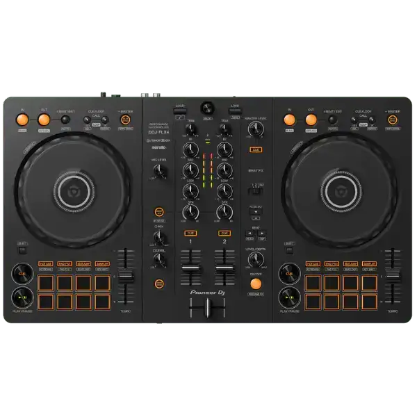 Svart Pioneer DJ-kontroller med två jogghjul, pads och mixerreglage