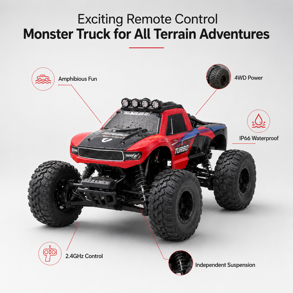 Fjärrstyrd monstertruck med stora terrängdäck i vatten