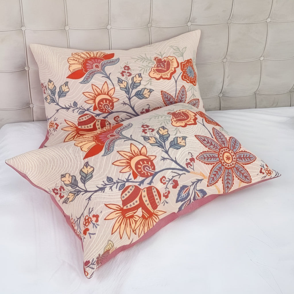 Två beige örngott med färgstarkt blommönster i bohemisk stil