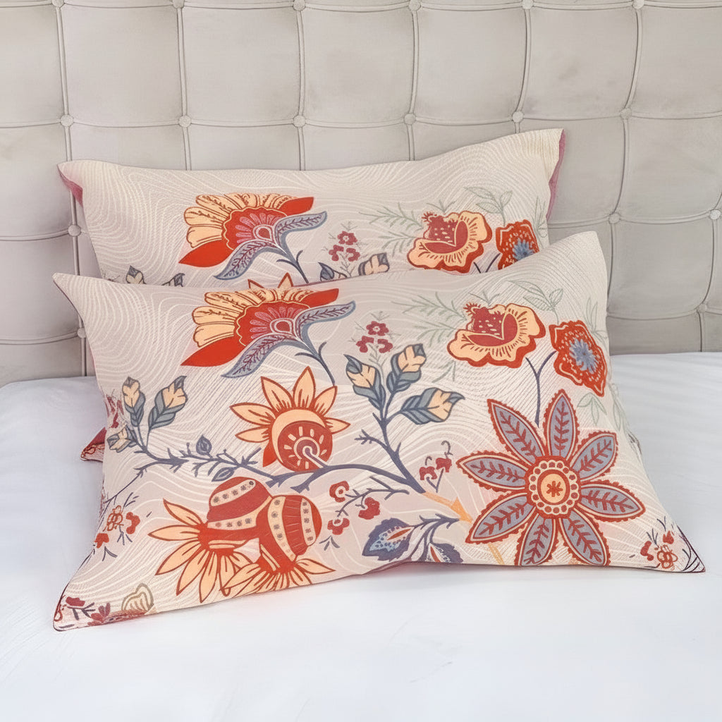 Två beige örngott med färgstarkt blommönster i bohemisk stil