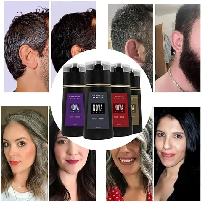 NovaHair färgschampo i svart flaska med produktkartong