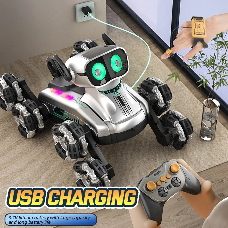 Fjärrstyrd mekanisk robotleksak i hundform med hjul, lysande ögon och fjärrkontroll