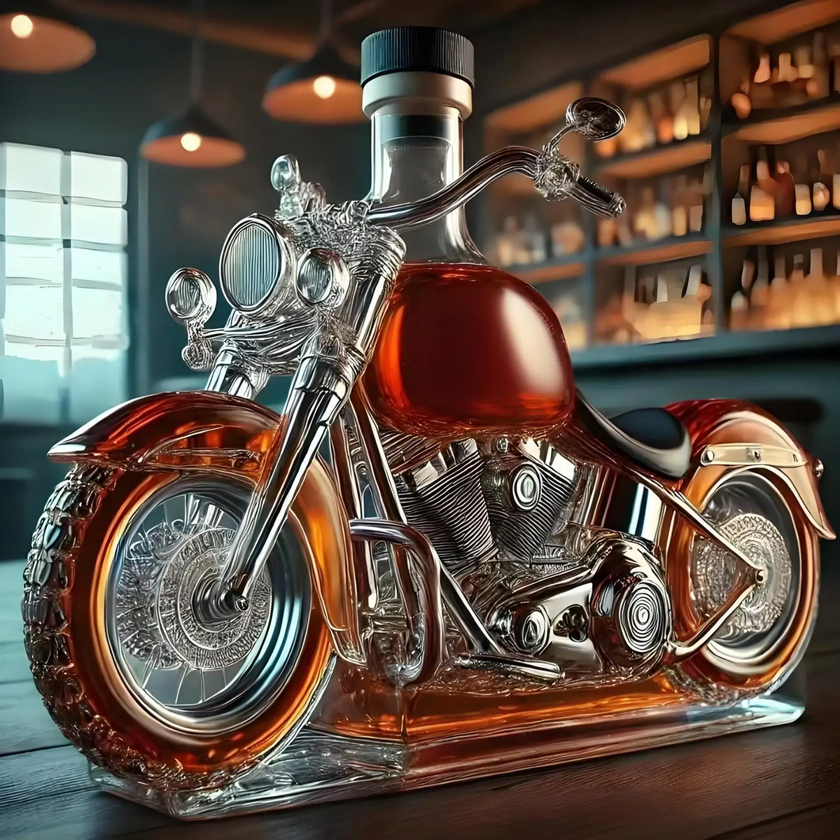 Dekorativ whiskykaraf i brun och silverfärgad motorcykelform