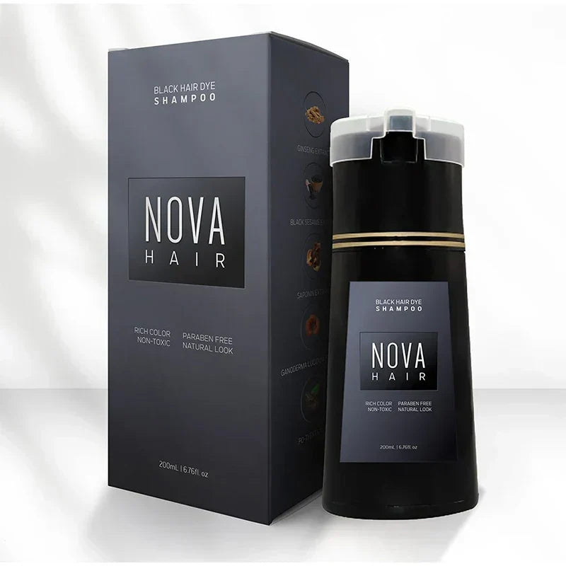 NovaHair färgschampo i svart flaska med produktkartong