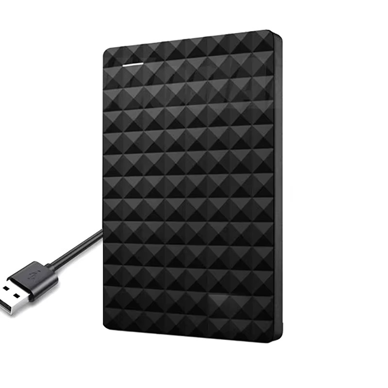 Svart extern hårddisk med geometriskt mönster och USB-kabel