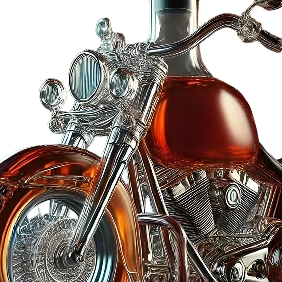 Dekorativ whiskykaraf i brun och silverfärgad motorcykelform