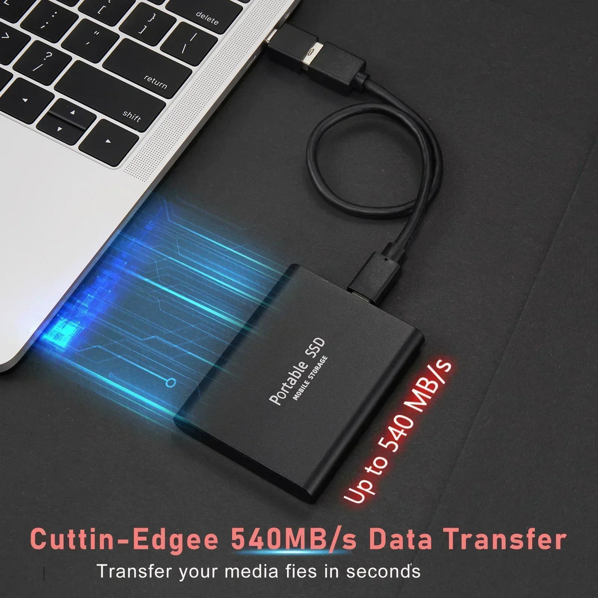 Kompakt extern SSD med 128 GB lagring och USB-kabel