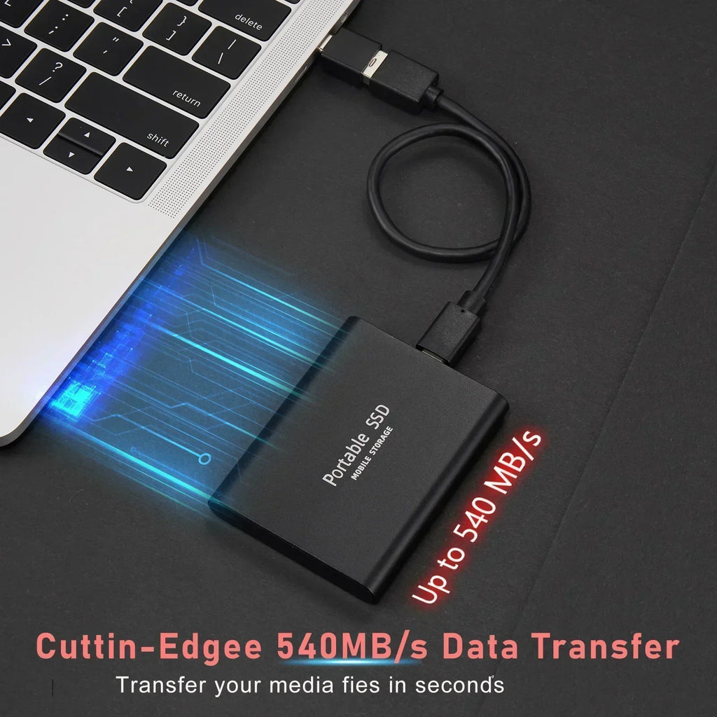 Portabel SSD med USB-kabel och märkning för 128 TB lagring