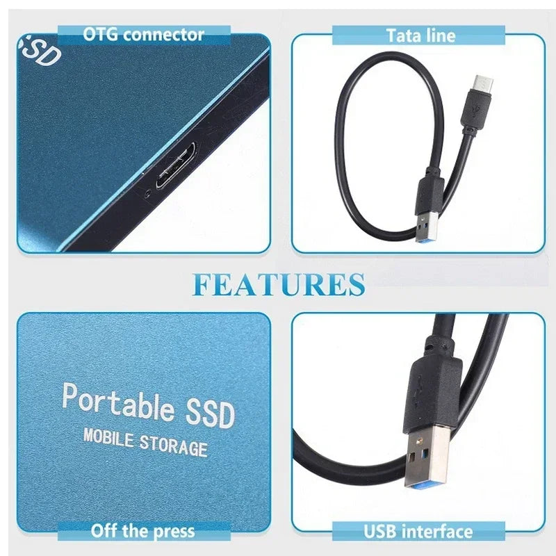 Kompakt extern SSD med 128 GB lagring och USB-kabel