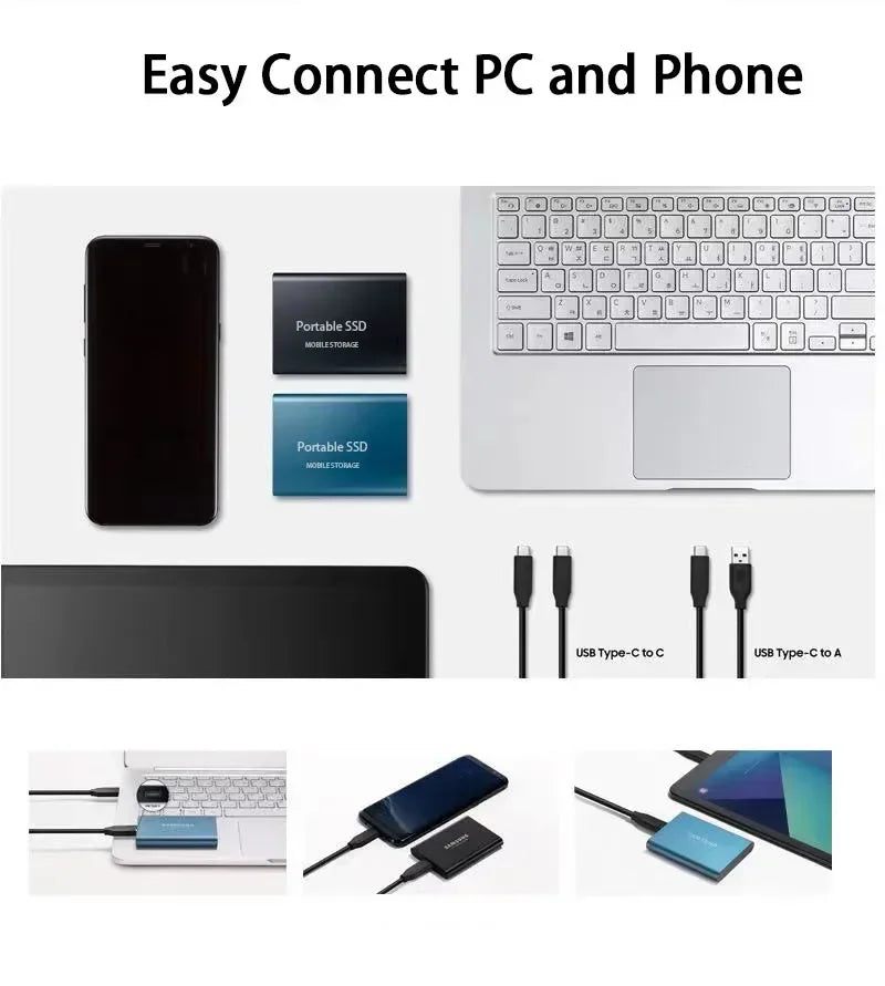 Portabel SSD med USB-kabel och märkning för 128 TB lagring