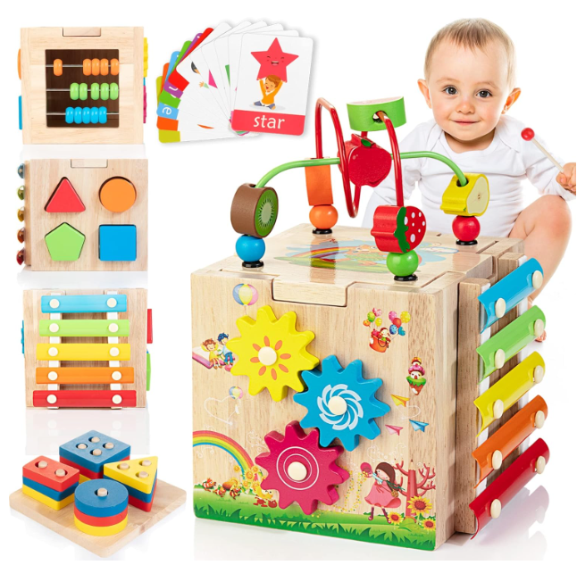 Färgglad Montessori aktivitetskub med kulram, kugghjul och formsortering